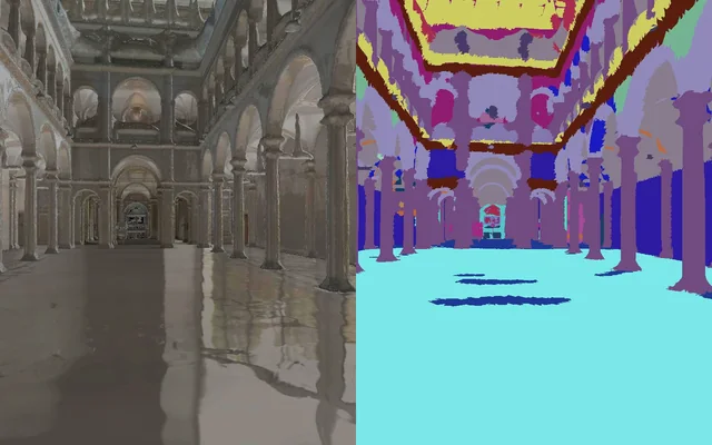 ETH Zurich's main building in Habitat-Sim: a photoreal render beside the semantic segmentation of the same view, from the segmented mesh used for path planning.