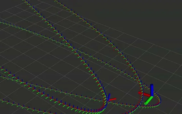 Visualization of a simulated tracking run: drone trajectories with pose axes.