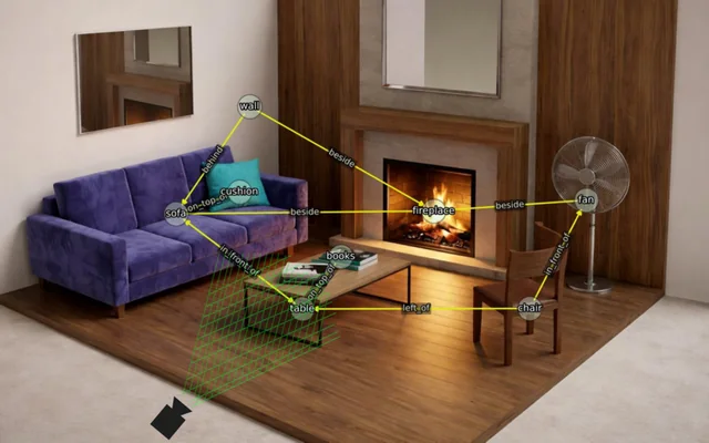 LangLoc teaser: a living room overlaid with a scene graph of its objects and the estimated camera position and viewing direction.